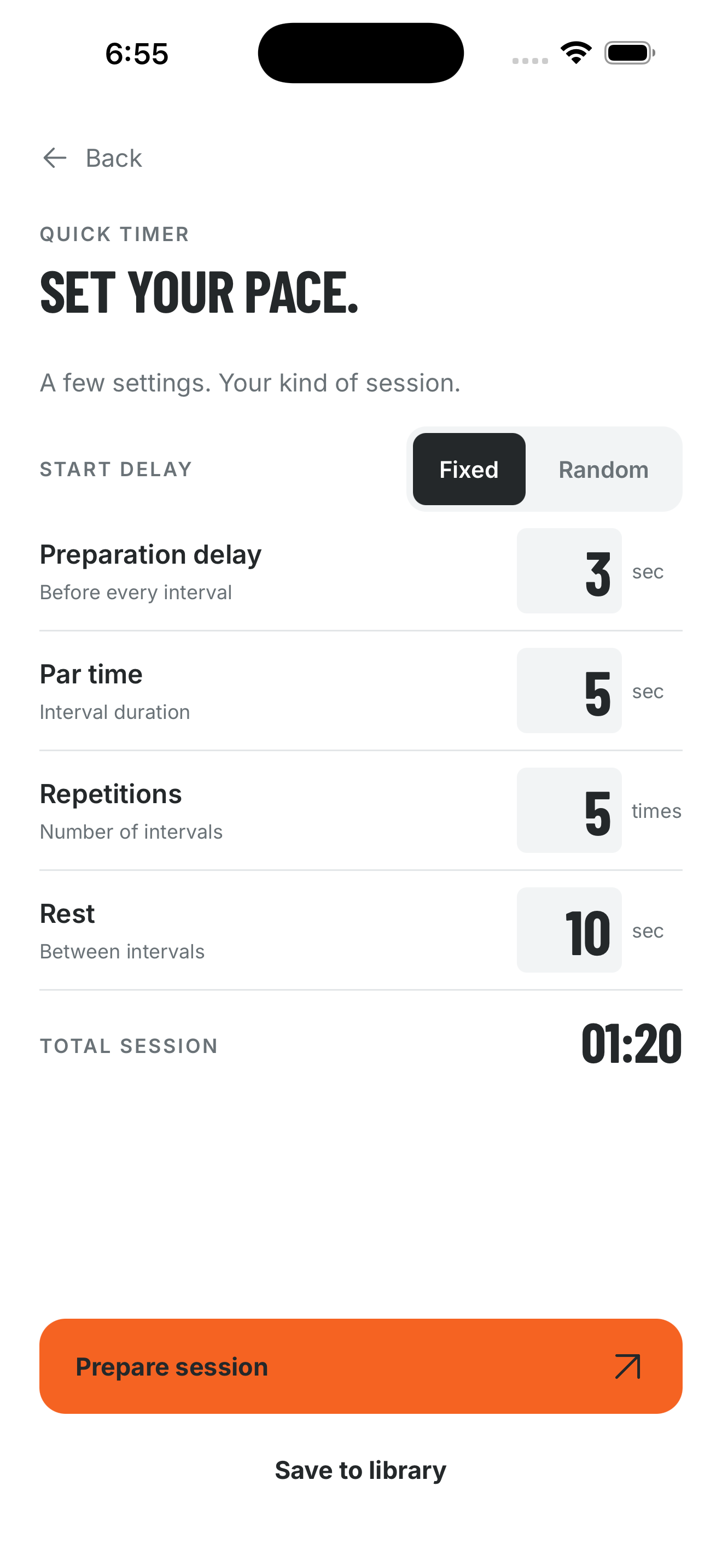 Customize preparation delay, par time, repetitions, and rest