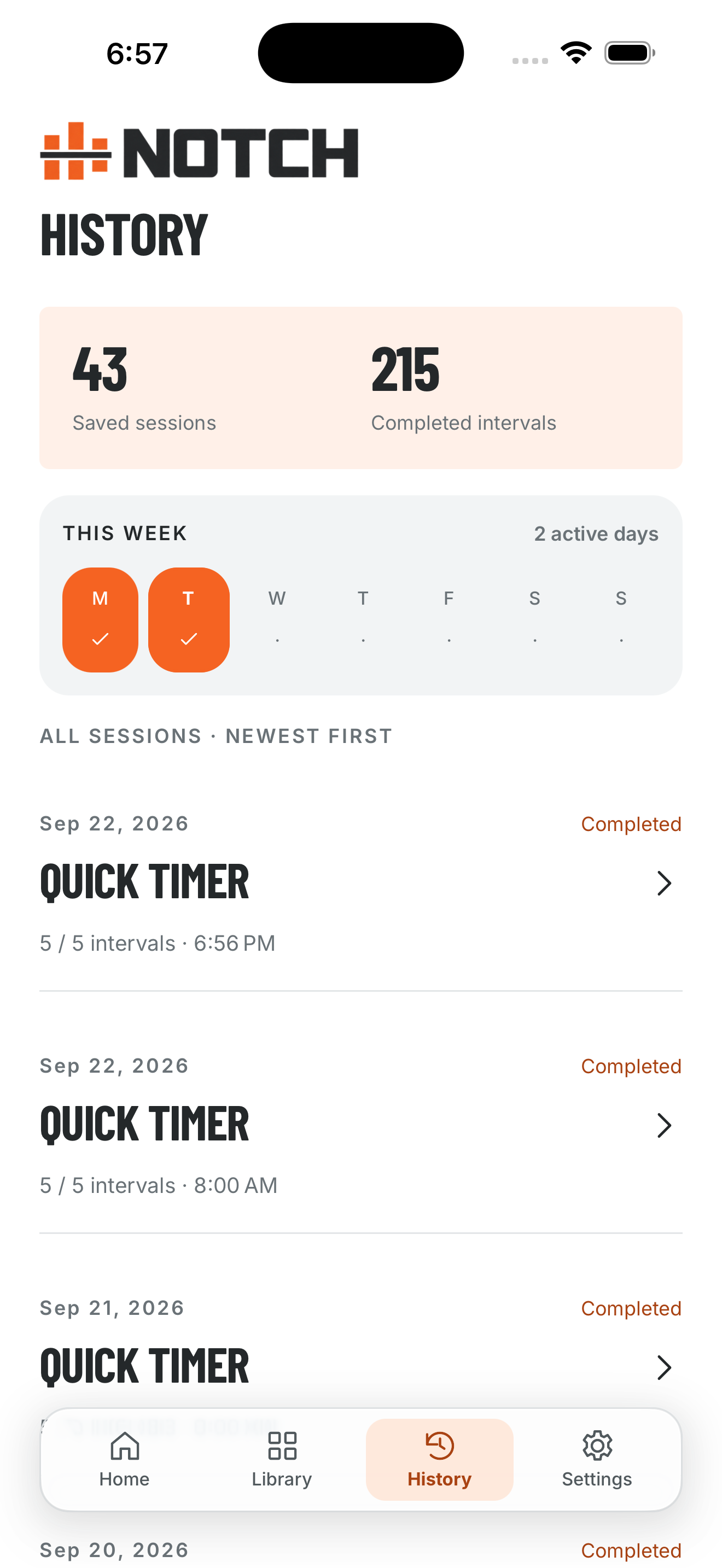 Review completed sessions in Notch history